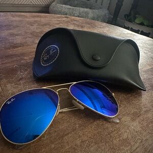 Ray-Ban Gold Frame Sunglasses with Blue Mirrored Lenses